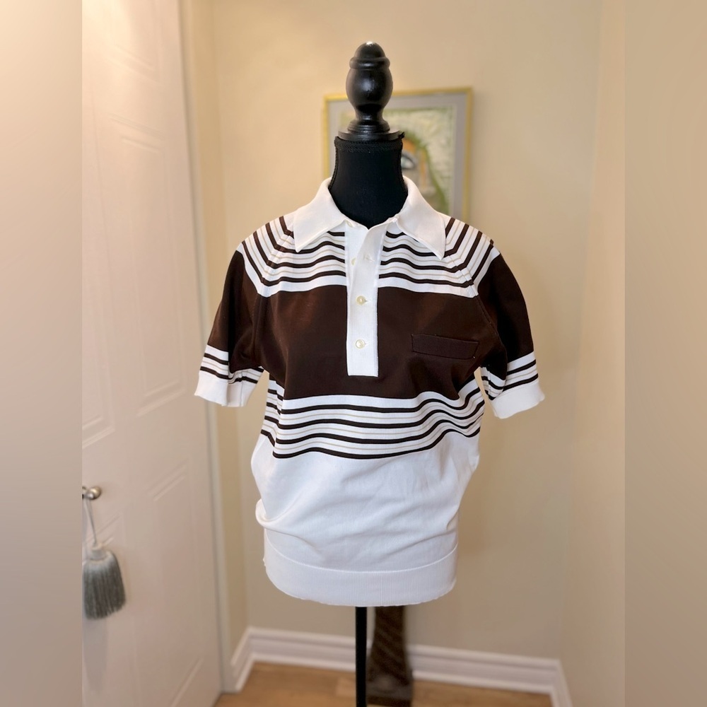 Vintage 70’s Golf  Shirt 👕,buttoned, brown/white/tan stripe, short sleeve. - Picture 2 of 6